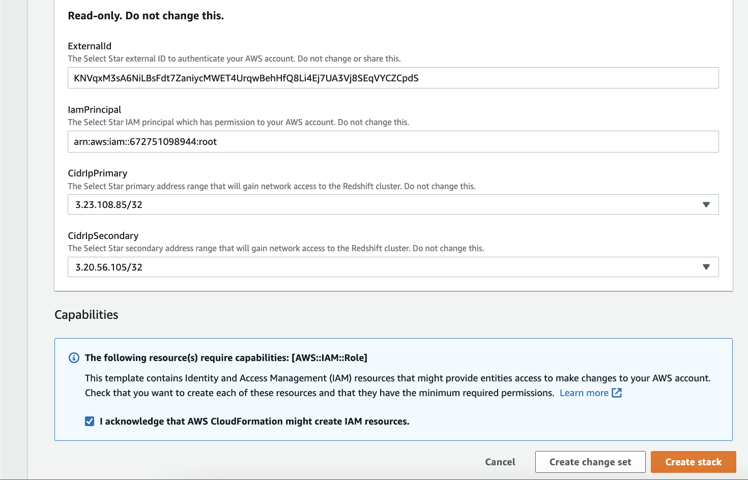 Screenshot shows the "Capabilities" section in "Quick create stack" form.